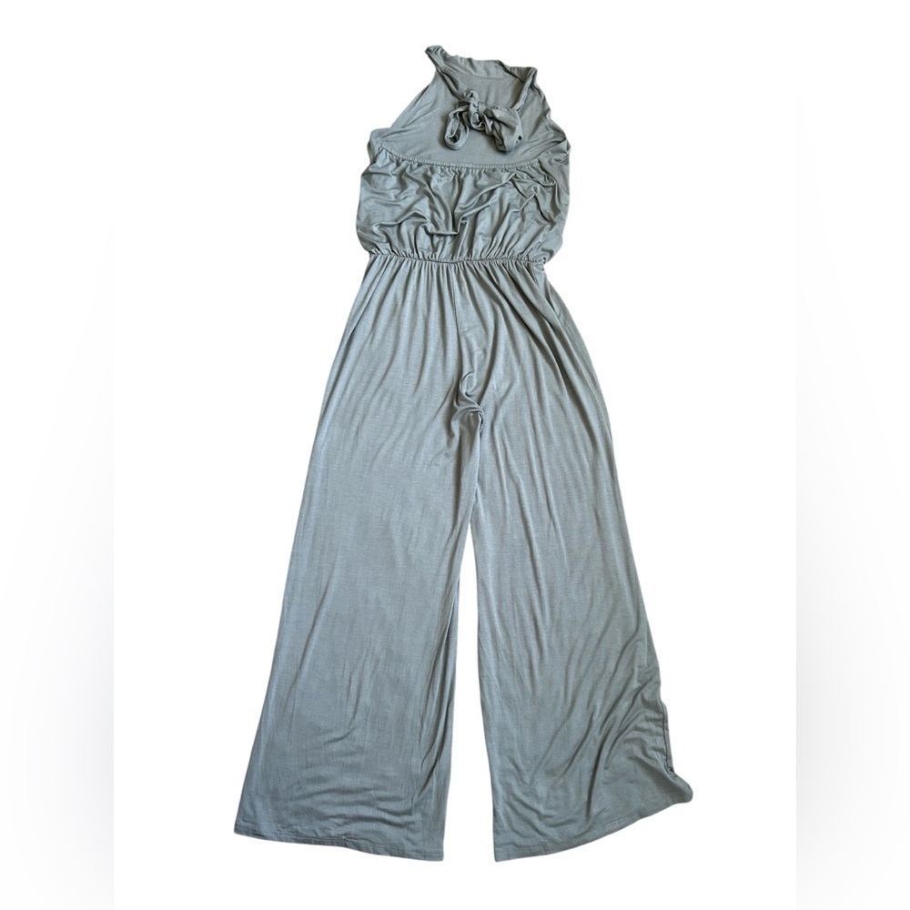 Shop Dordor blue/gray wide leg jumpsuit with halter tie top size small - Picture 9 of 11